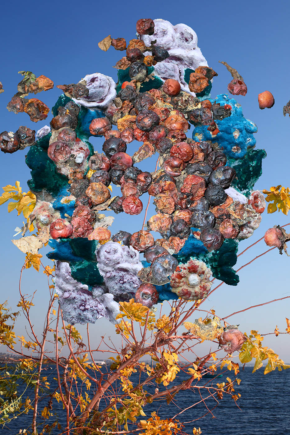 Rotten apples collaged with decoration from the gravestone with Dnipro river on background